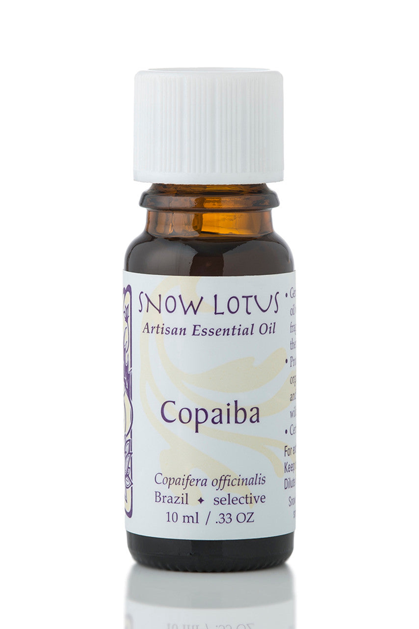 Snow Lotus Copaiba Essential Oil in an amber glass bottle, 10 ml
