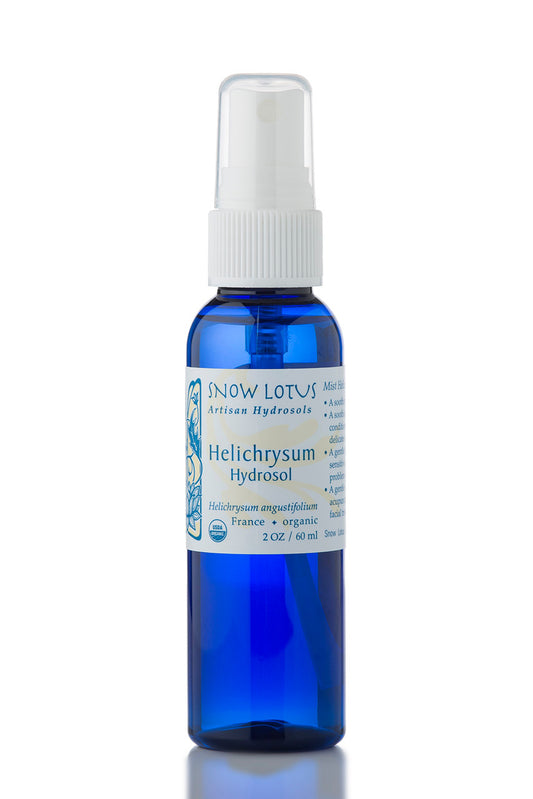 Snow Lotus organic Helichrysum Hydrosol (Helichrysum Water) in a blue spray bottle
