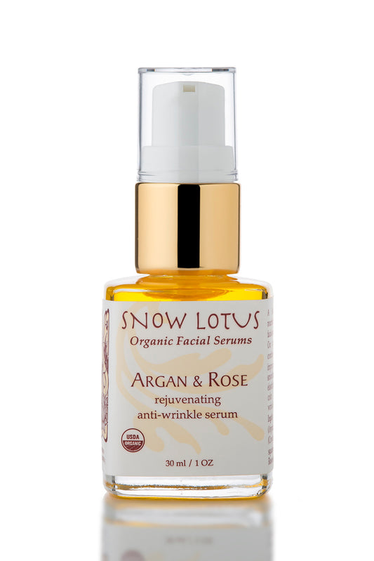 Snow Lotus Argan & Rose Rejuvenating Antiwrinkle Organic Facial Serum in a pump bottle, 30 ml