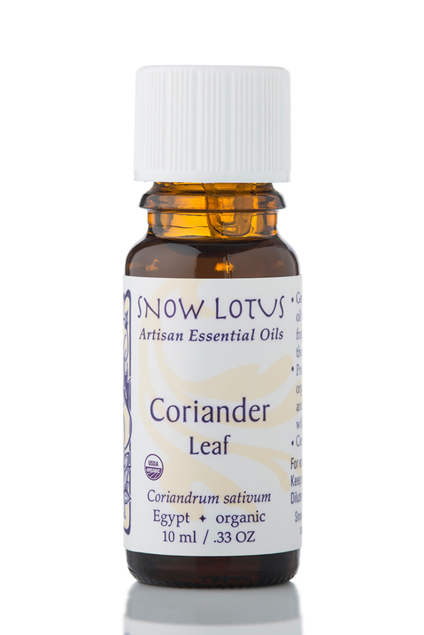 Snow Lotus organic Coriander Leaf Essential Oil in an amber glass bottle