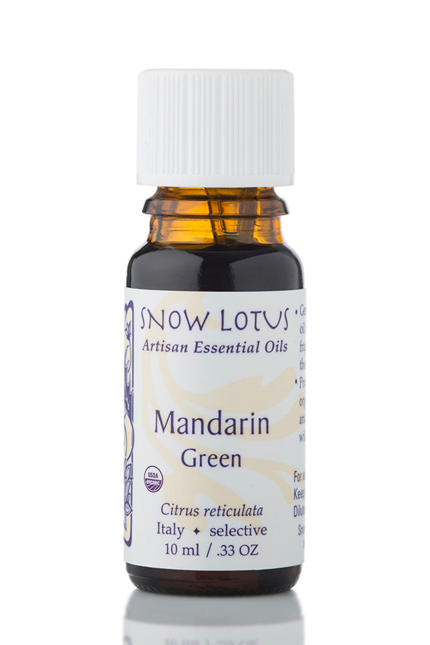 Snow Lotus organic Green Mandarin Essential Oil in an amber glass bottle