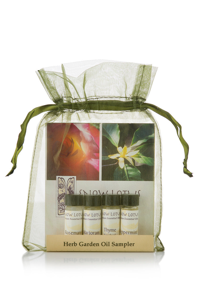 Herb Garden Essential Oil Sampler in a green organza pouch
