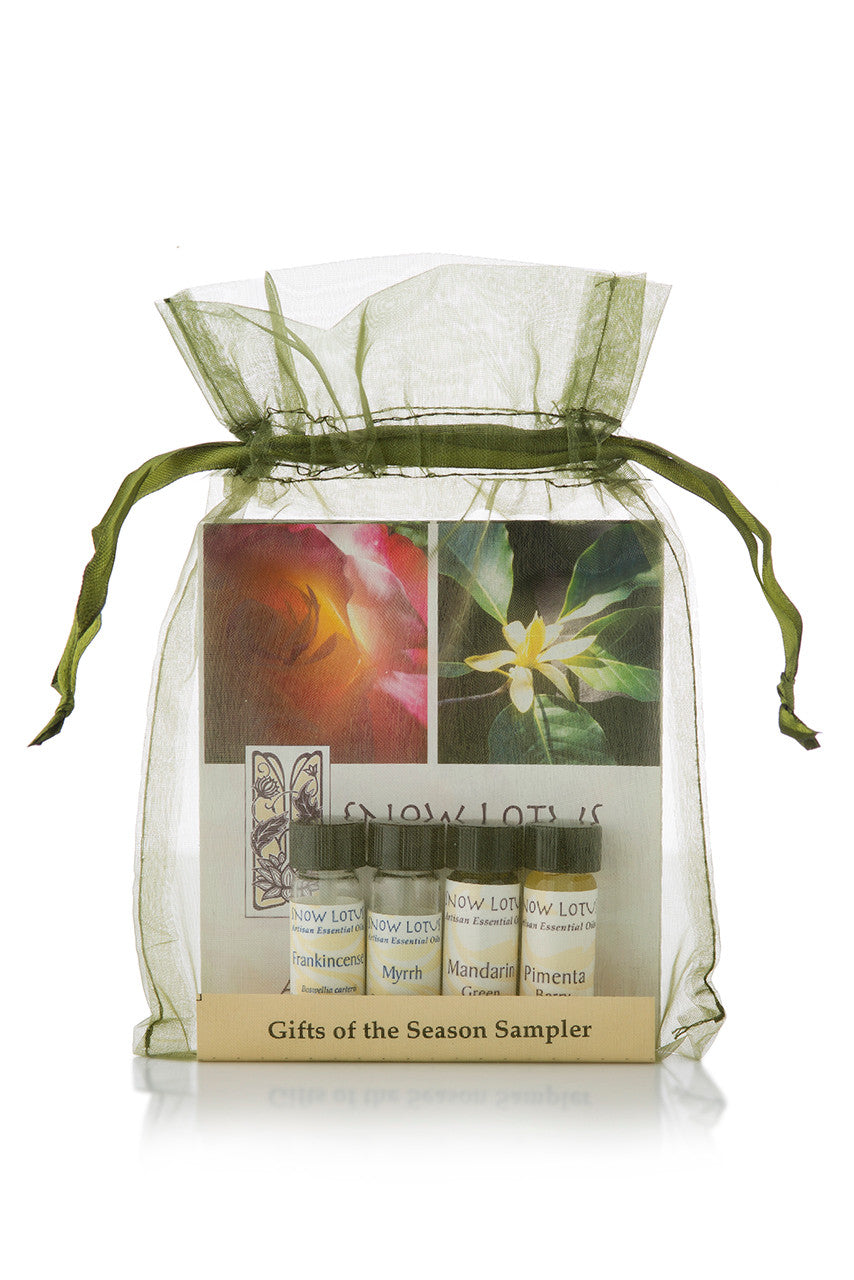 Gifts of the Season Essential Oil Sampler in a green organza pouch