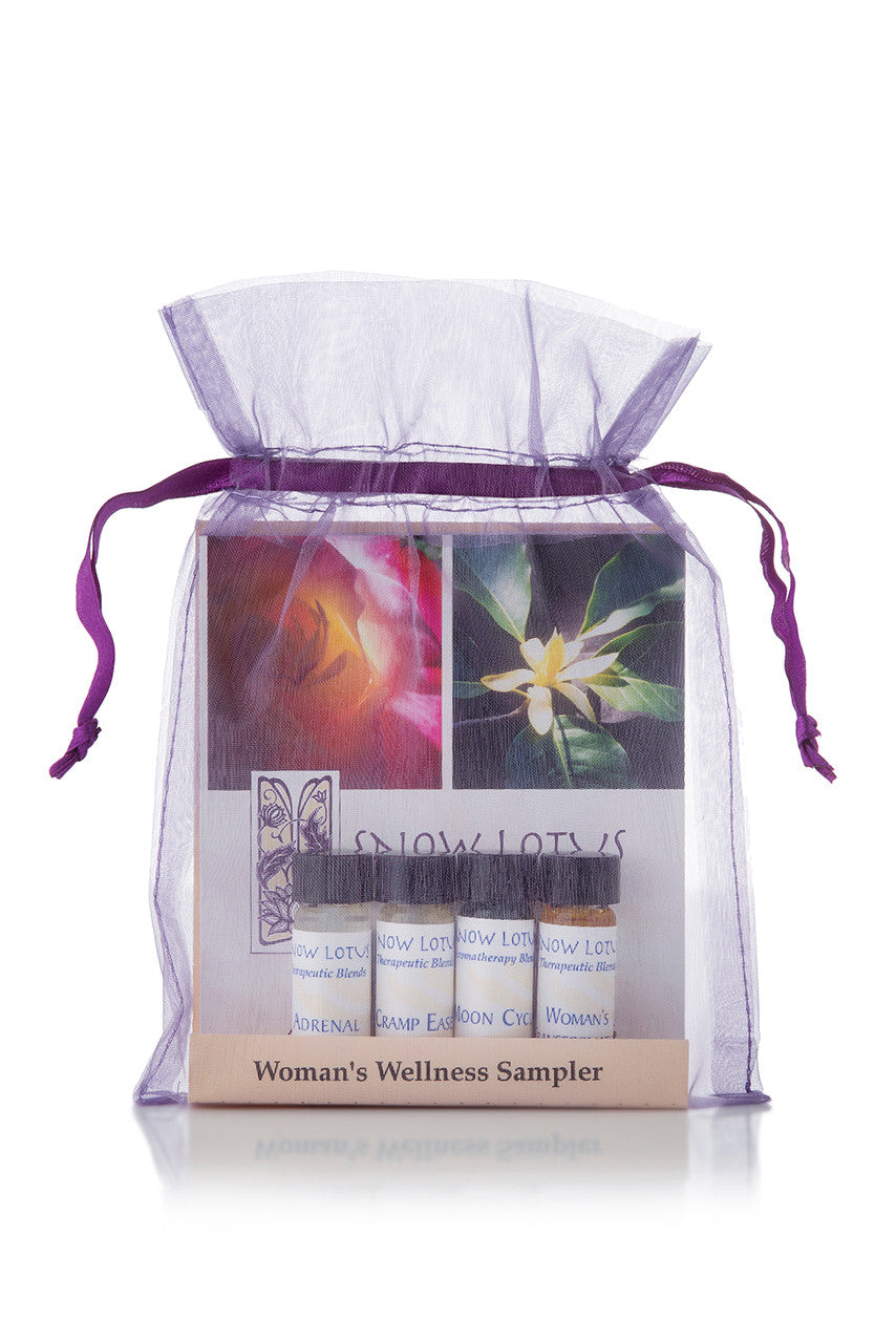 Woman's Wellness Essential Oil Sampler in a purple organza pouch