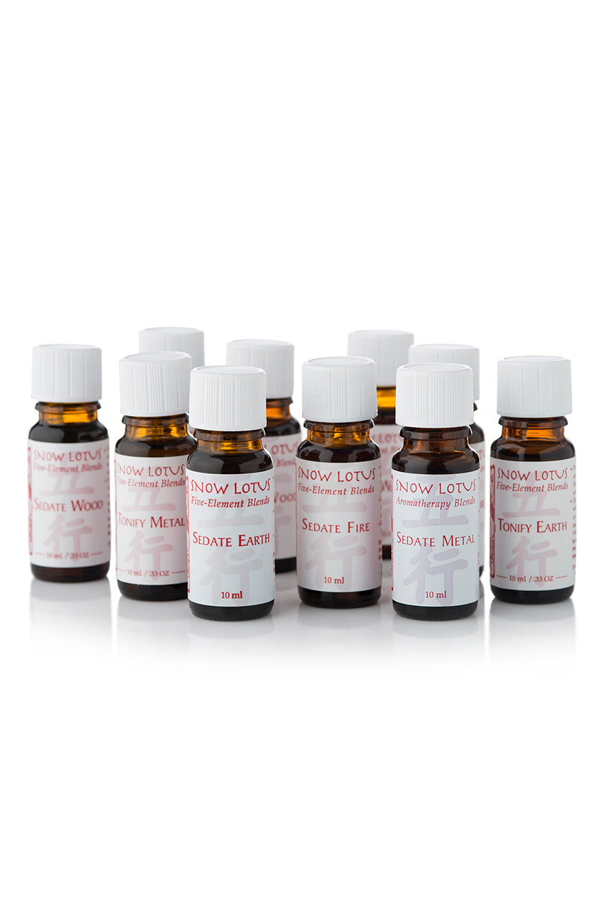 A row of Snow Lotus Five Element blend bottles