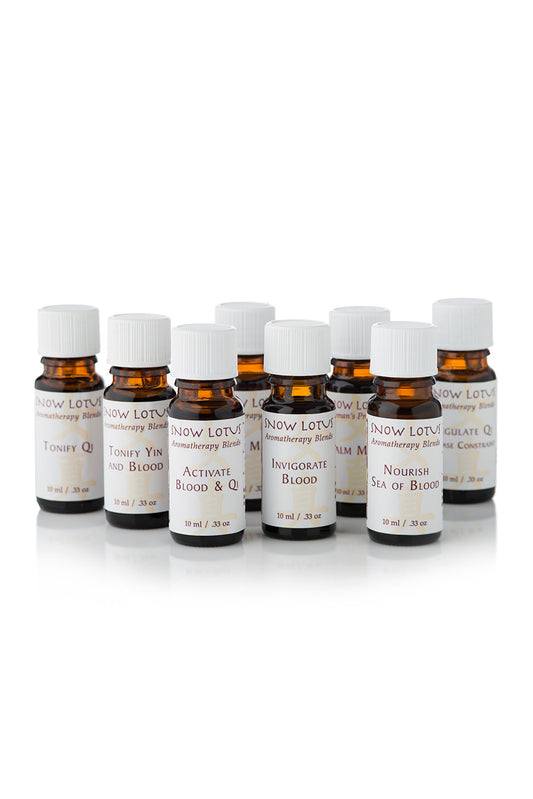 A row of Snow Lotus amber essential oil bottles