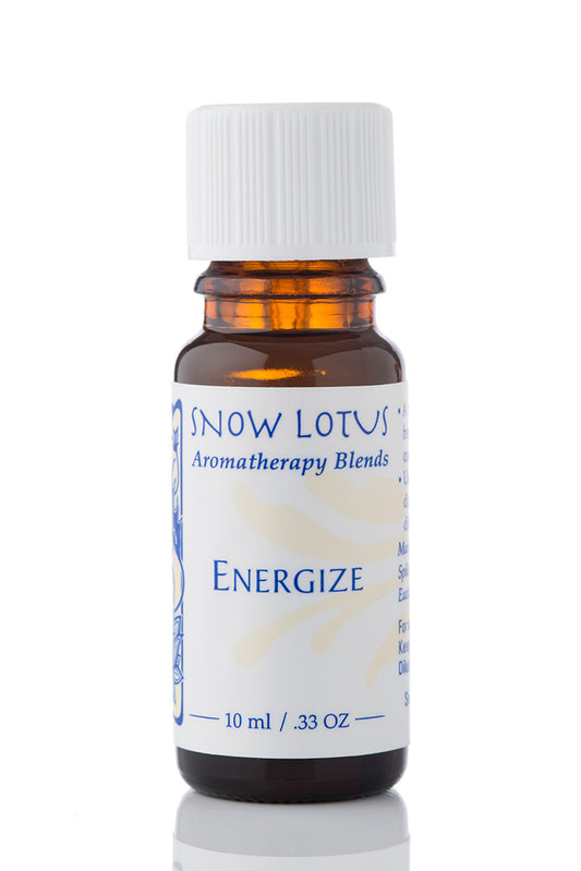 Snow Lotus Energize - Therapeutic Essential Oil Blend in an amber glass bottle
