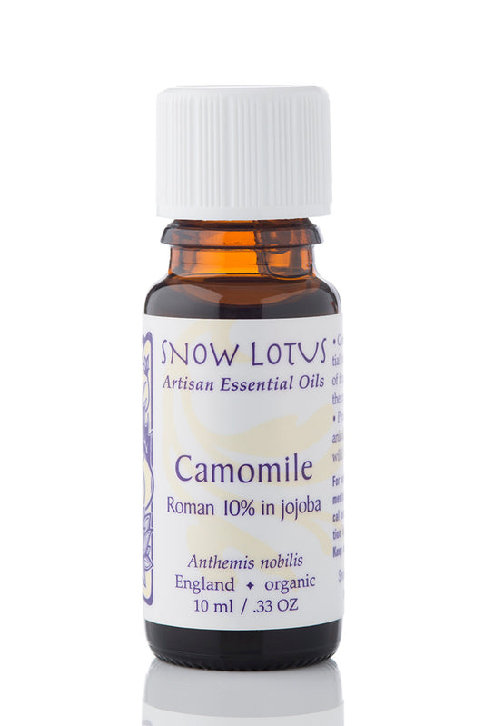 Snow Lotus organic Roman Camomile Essential Oil 10% in Jojoba in an amber glass bottle