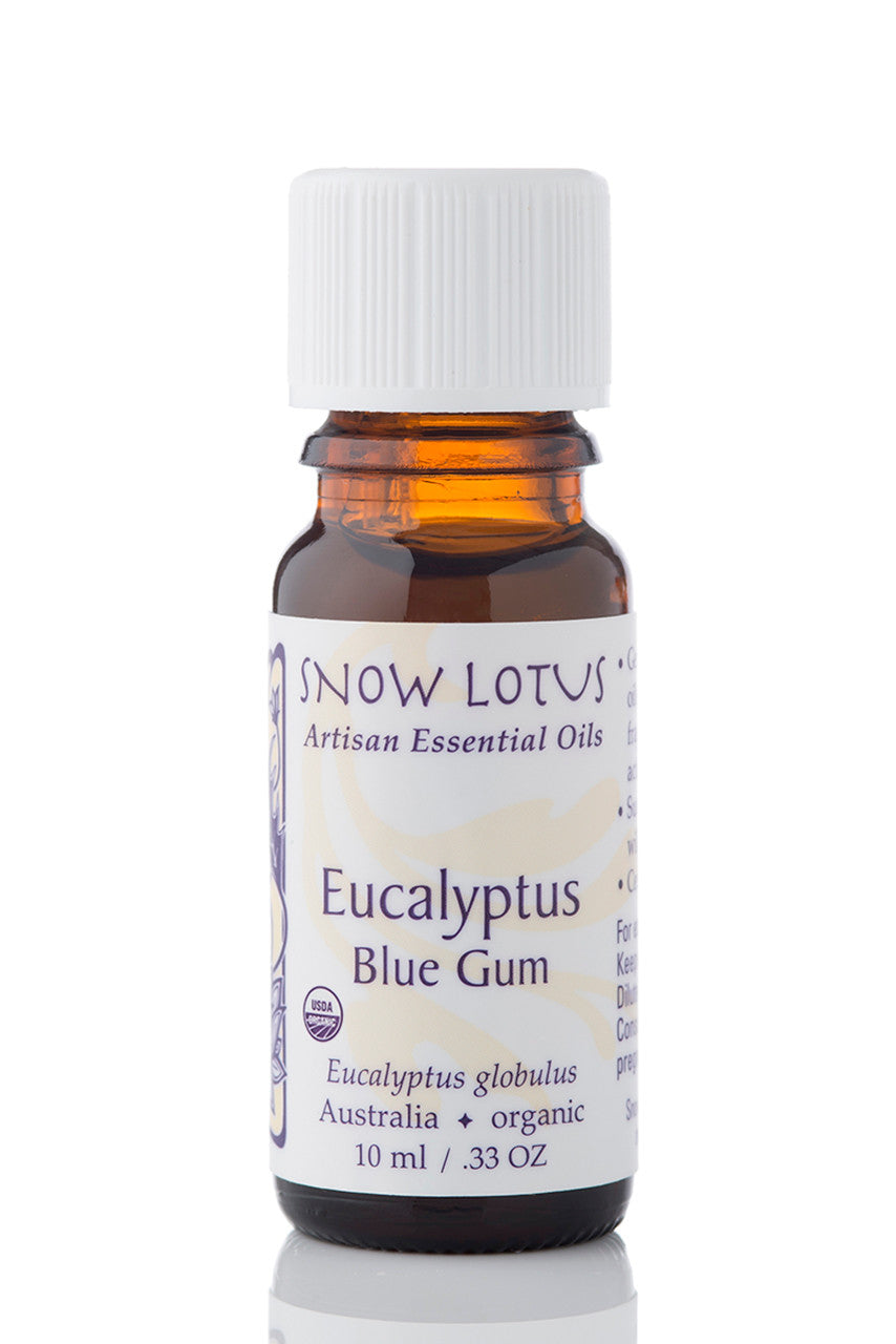 Snow Lotus organic Blue-Gum Eucalyptus Essential Oil in an amber glass bottle