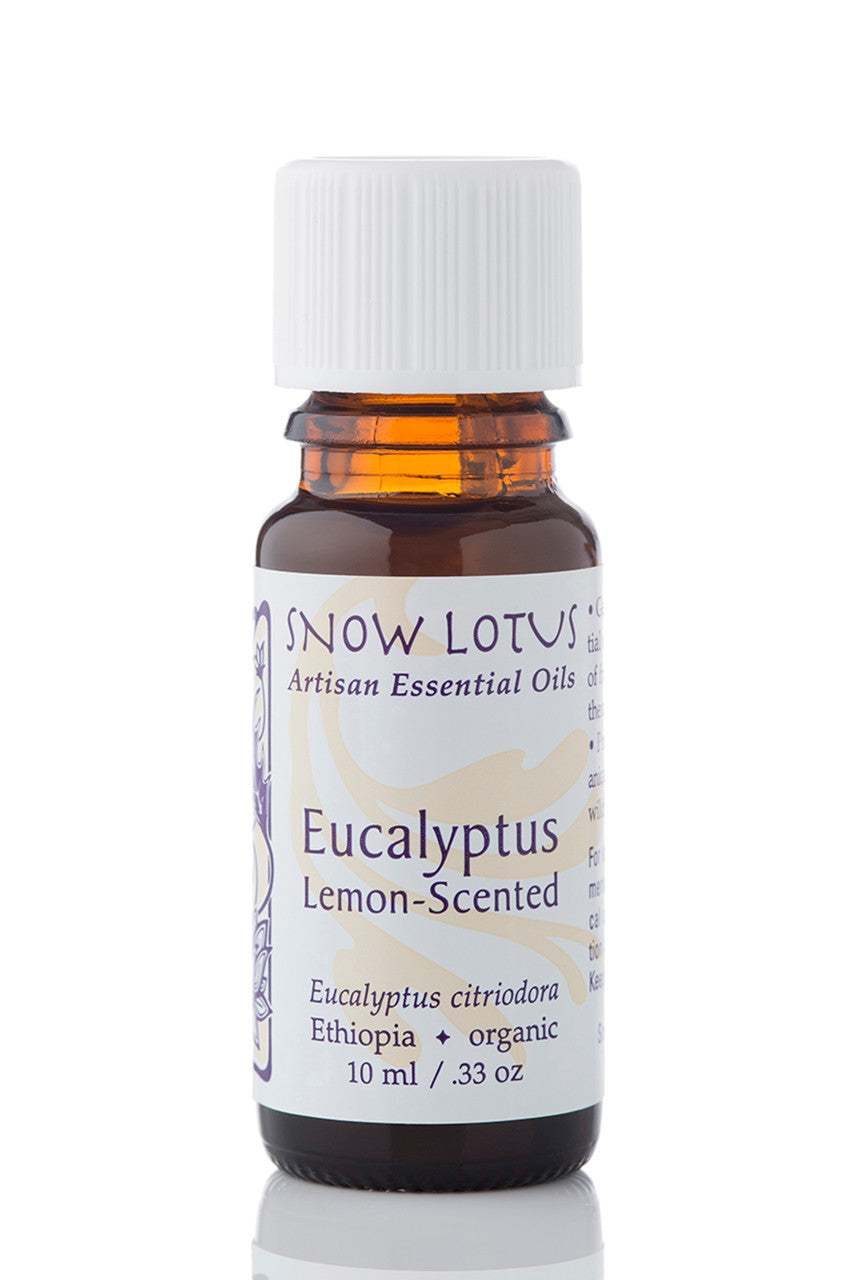 Snow Lotus Lemon Eucalyptus Essential Oil in an amber glass bottle