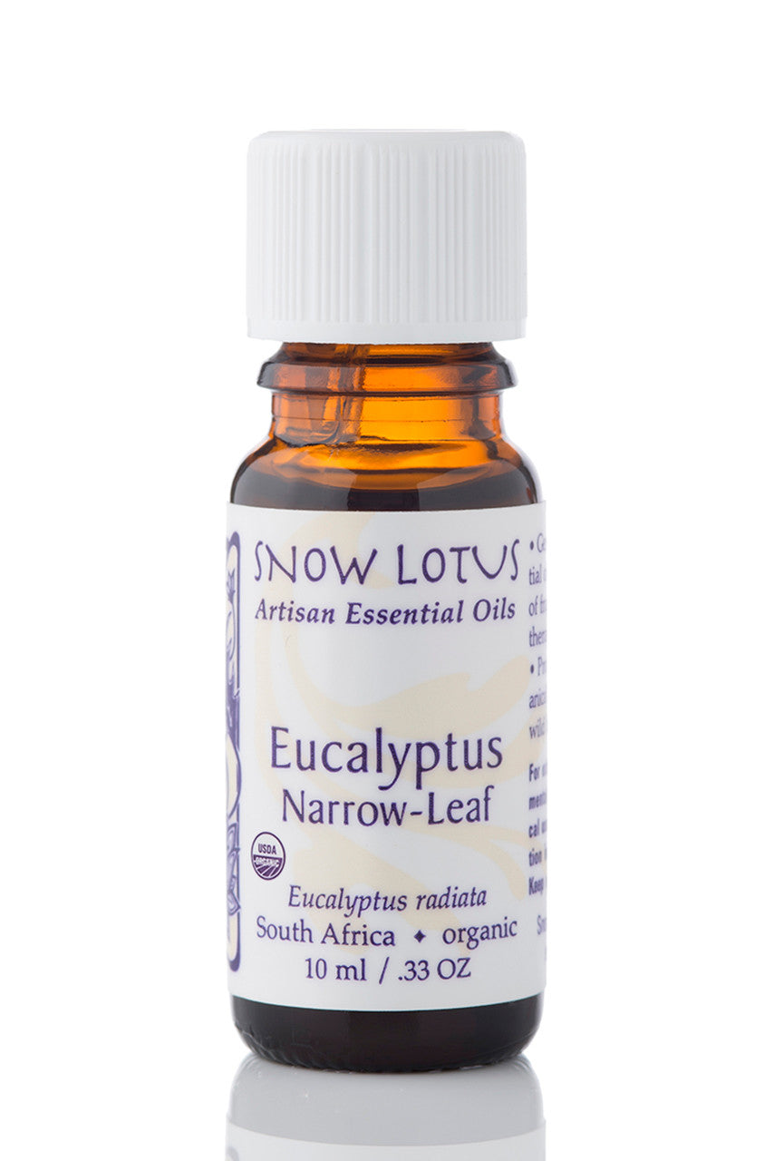 Snow Lotus organic Narrow-Leaf Eucalyptus Essential Oil in an amber glass bottle