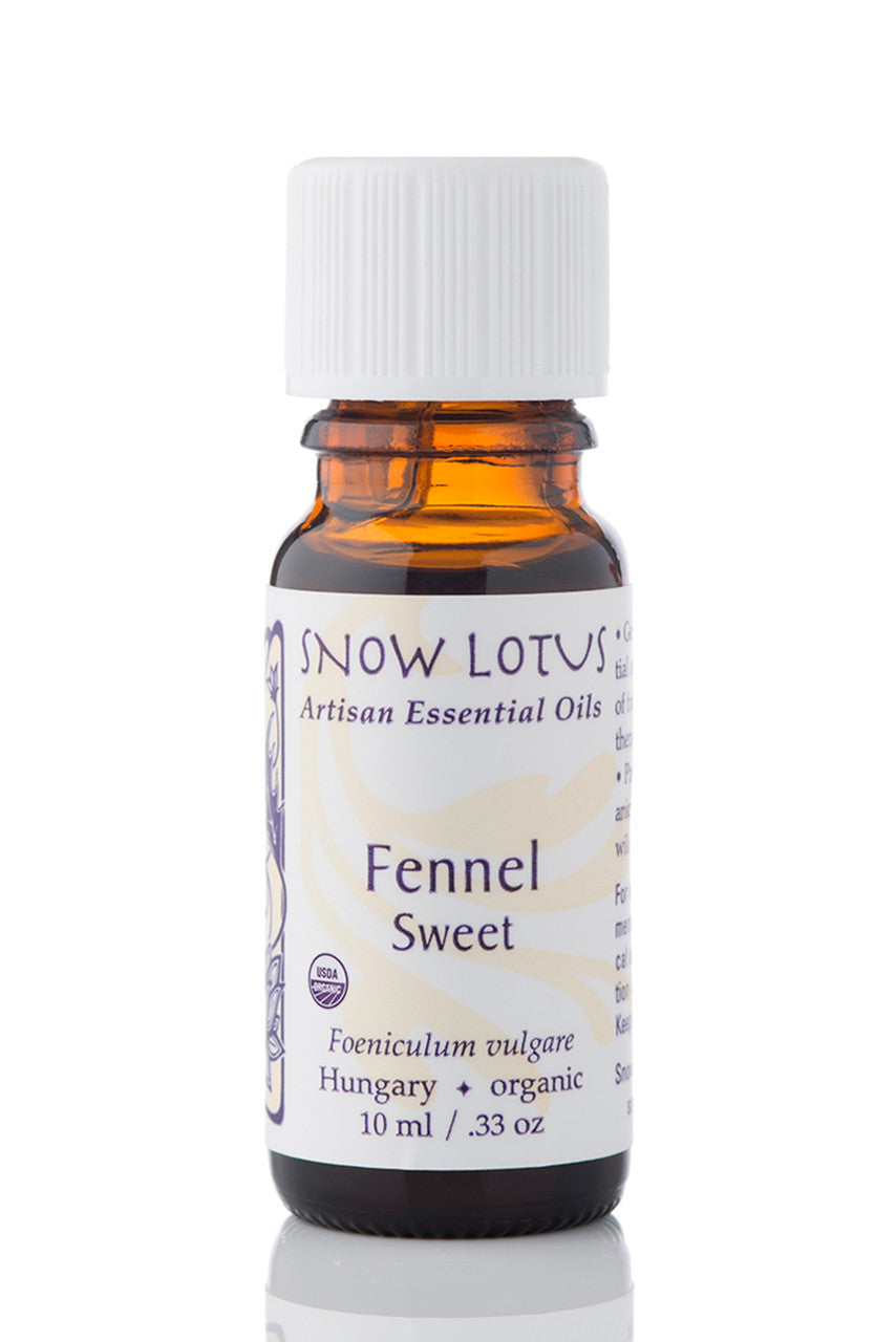 Snow Lotus organic Sweet Fennel Essential Oil in an amber glass bottle