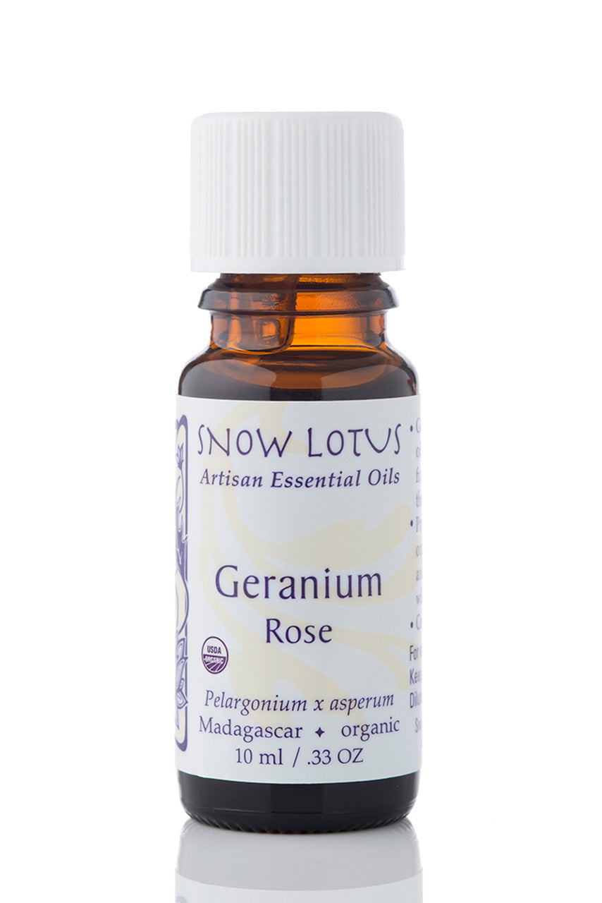 Snow Lotus organic Geranium Essential Oil in an amber glass bottle