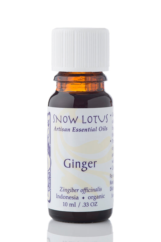 Snow Lotus Ginger Essential Oil in an amber glass bottle