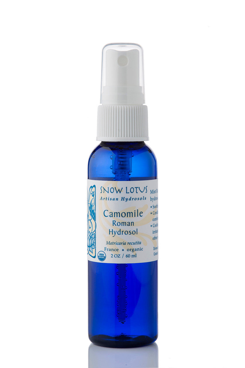 Snow Lotus organic Roman Camomile Hydrosol (Roman Camomile Water) in a blue spray bottle