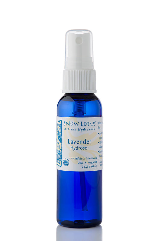Snow Lotus Lavender Hydrosol (Lavender Water) in a blue spray bottle