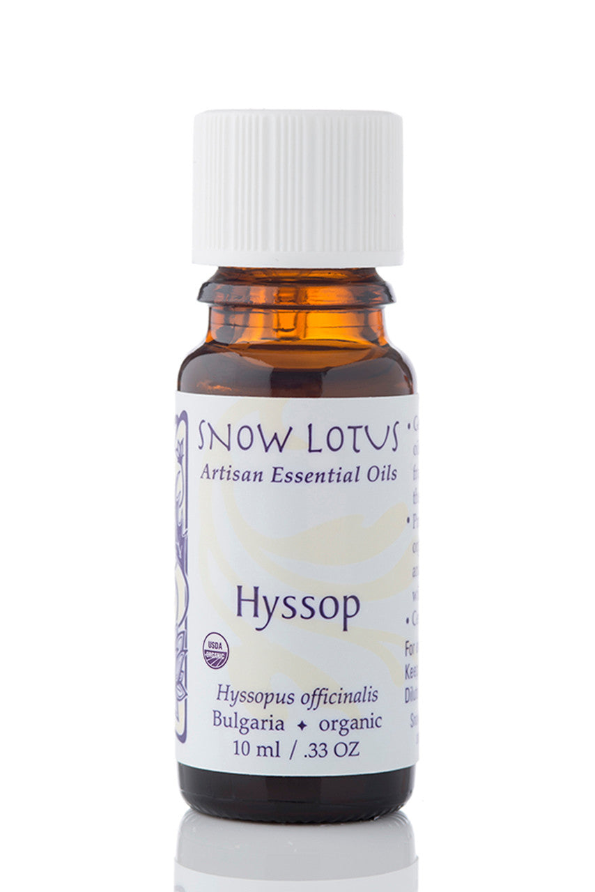 Snow Lotus organic Hyssop Essential Oil in an amber glass bottle