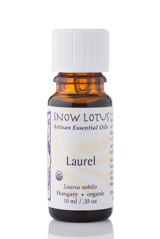 Snow Lotus organic Laurel Essential Oil in an amber glass bottle