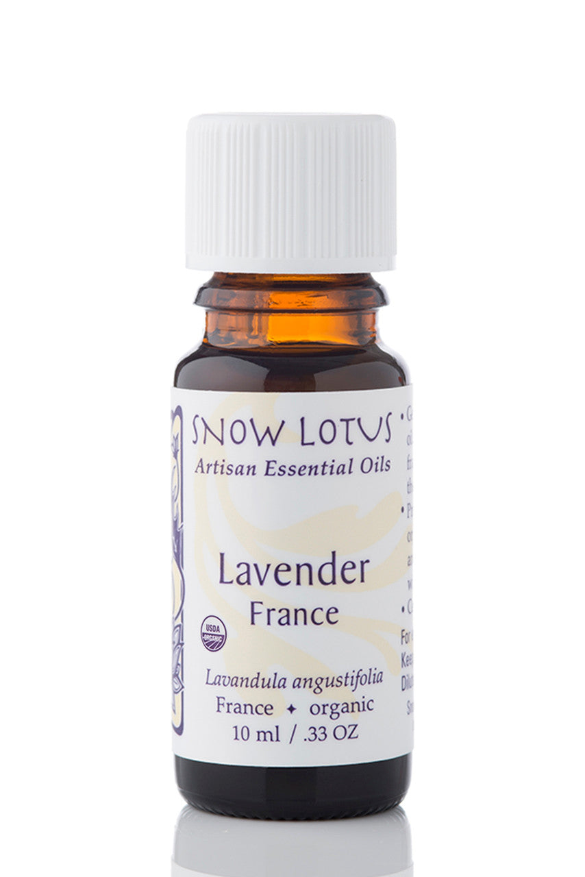 Snow Lotus organic France Lavender Essential Oil in an amber glass bottle