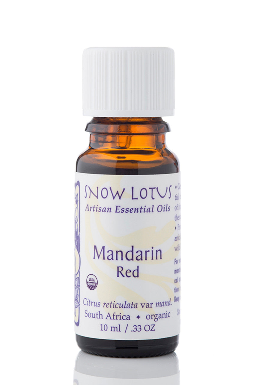 Snow Lotus organic Red Mandarin Essential Oil in an amber glass bottle