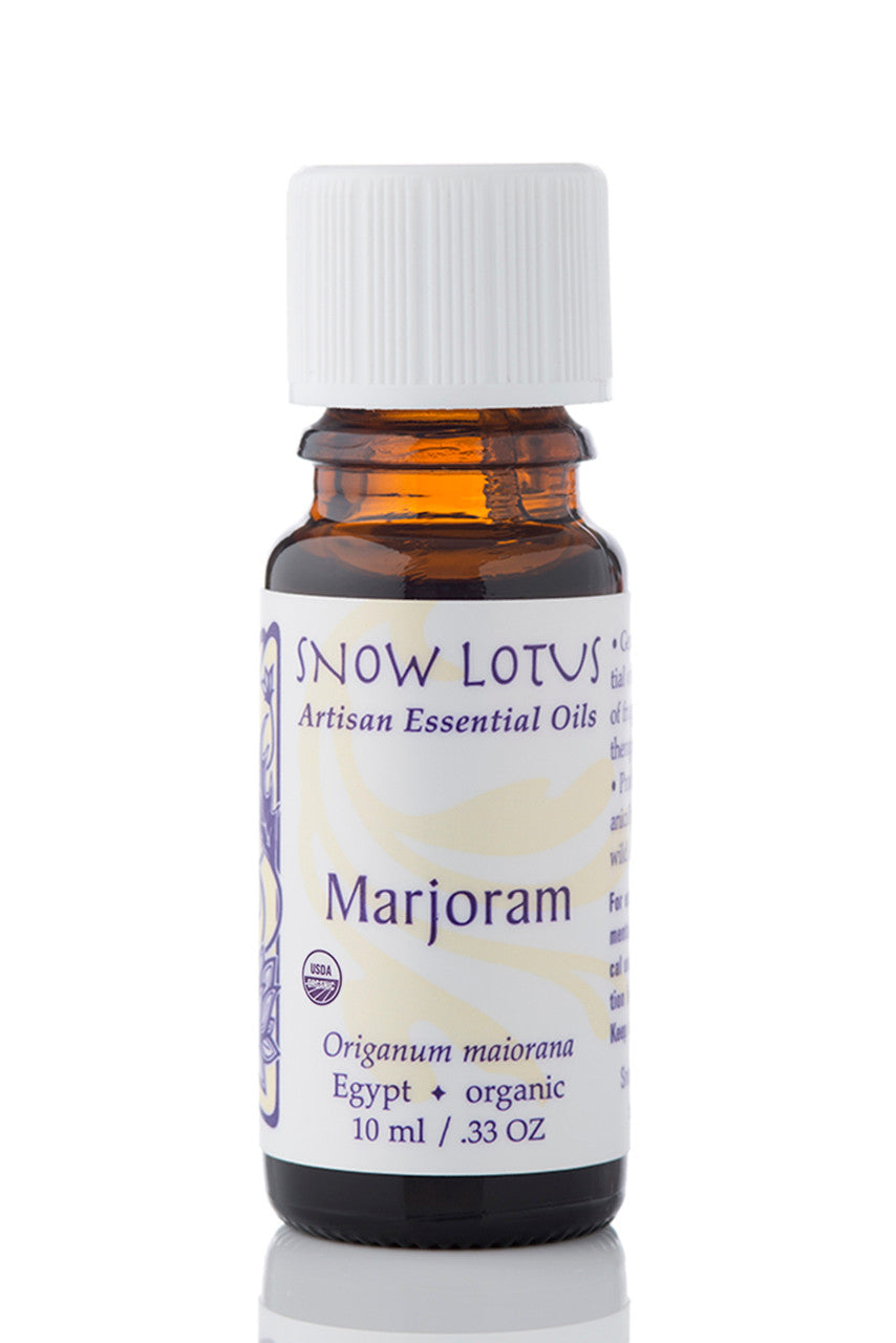 Snow Lotus organic Marjoram Essential Oil in an amber glass bottle