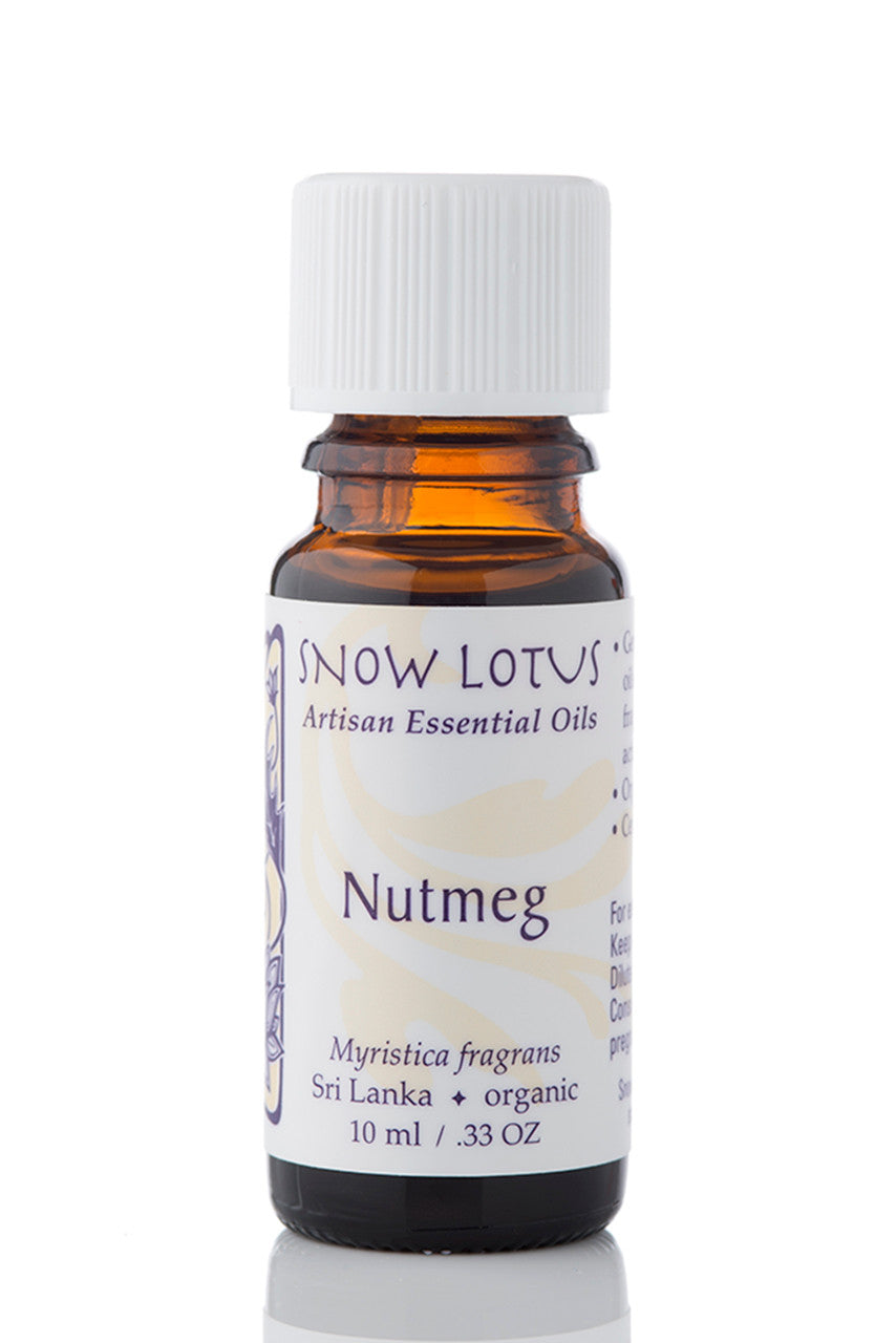 Snow Lotus organic Nutmeg Essential Oil in an amber glass bottle