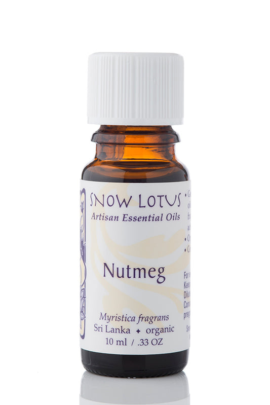 Snow Lotus organic Nutmeg Essential Oil in an amber glass bottle