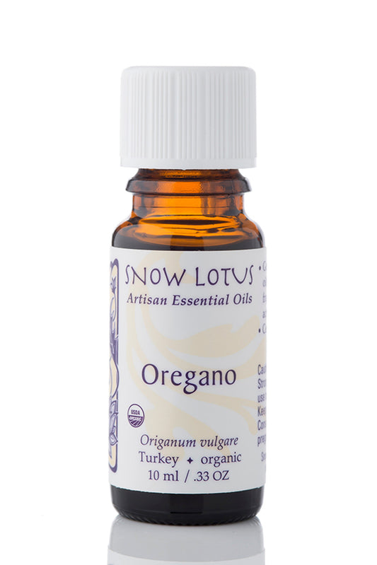 Snow Lotus organic Oregano Essential Oil in an amber glass bottle