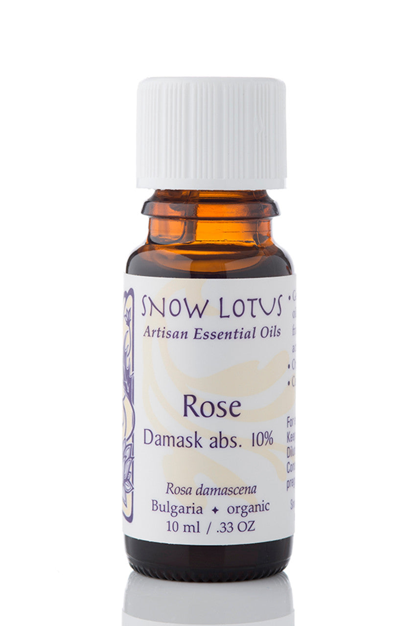 Snow Lotus Damask Rose Absolute 10% in Jojoba in an amber glass bottle