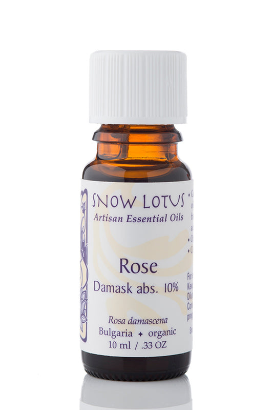 Snow Lotus Damask Rose Absolute 10% in Jojoba in an amber glass bottle
