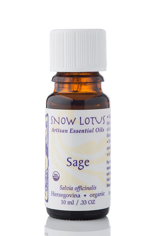 Snow Lotus organic Sage Essential Oil in an amber glass bottle