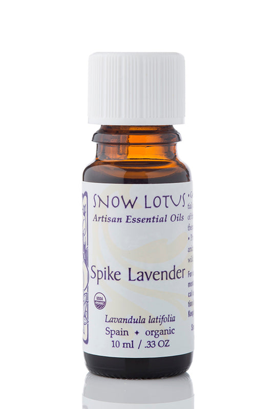 Snow Lotus organic Spike Lavender Essential Oil in an amber glass bottle