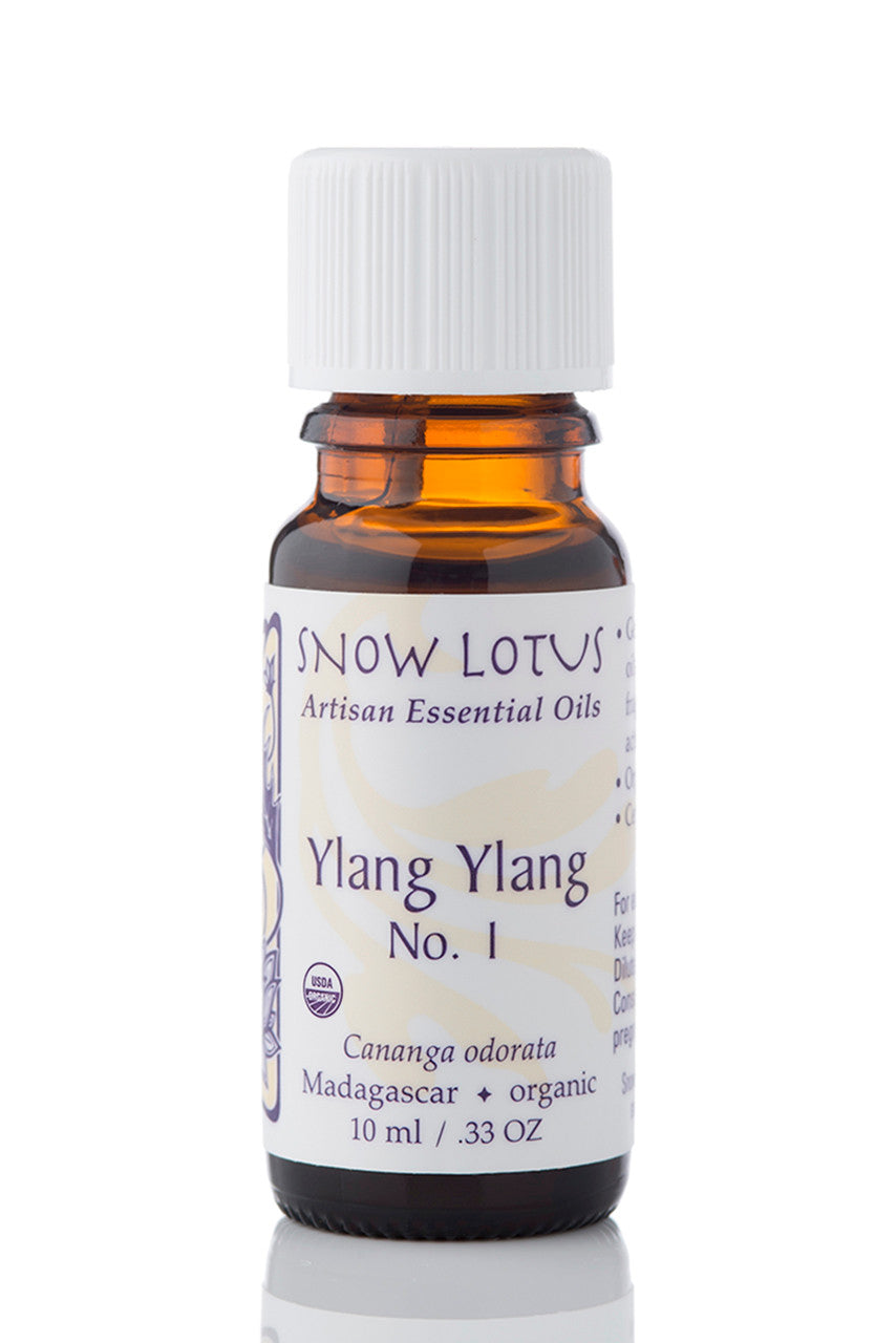 Snow Lotus organic Ylang Ylang No.1 Essential Oil in an amber glass bottle