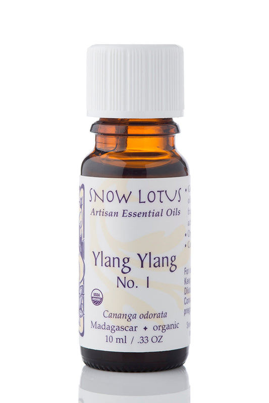 Snow Lotus organic Ylang Ylang No.1 Essential Oil in an amber glass bottle