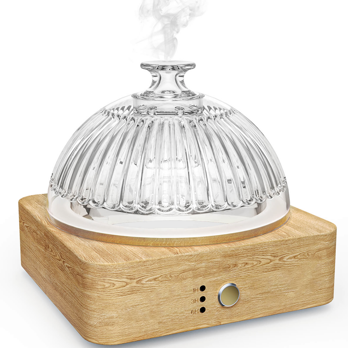 Glass dome nebulizing diffuser on a wooden base, diffusing essential oil
