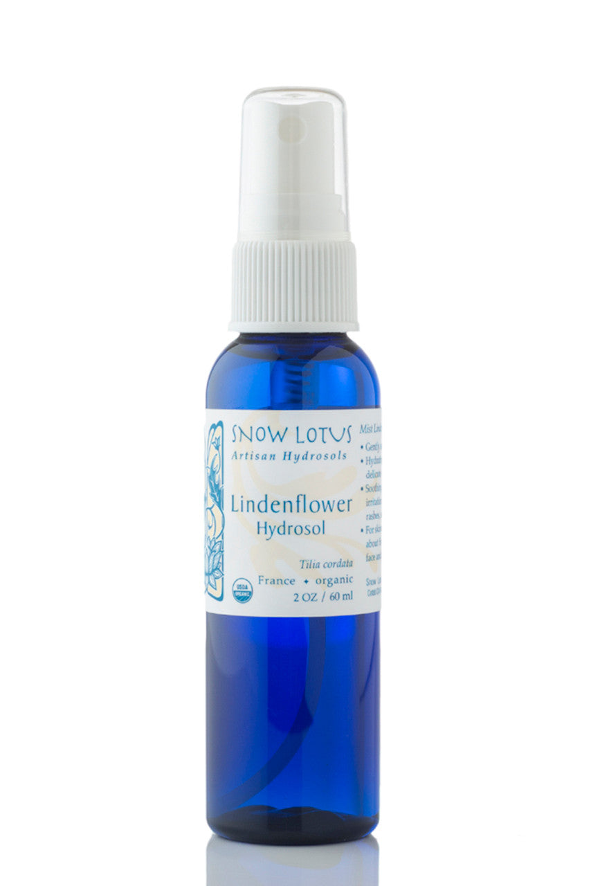 Snow Lotus Lindenflower Hydrosol (Linden Water), Organic in a blue spray bottle (view 2)