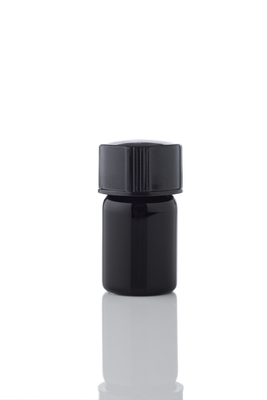 Small black glass vial used for precious oils