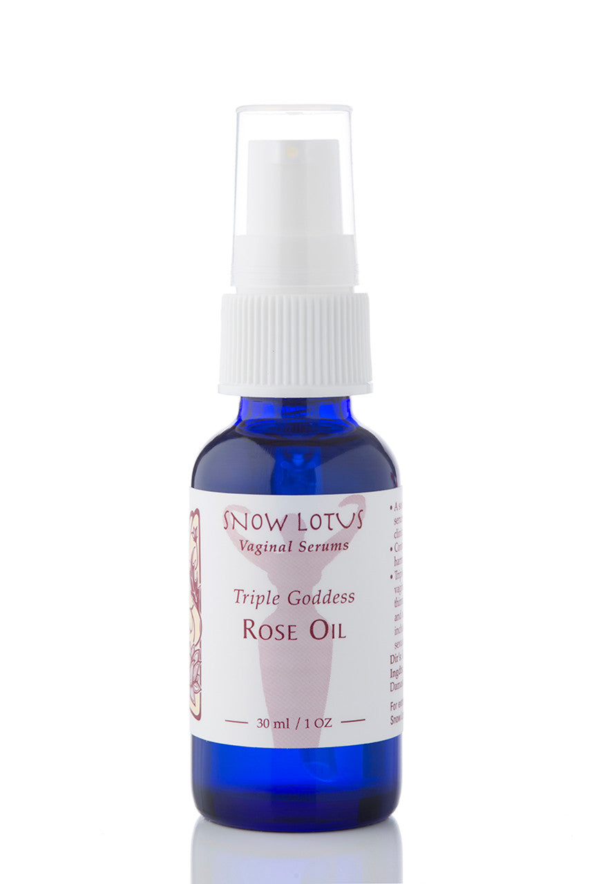Snow Lotus Triple Goddess Rose Oil Vaginal Serum in a pump bottle, 30 ml