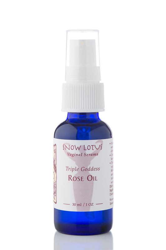 Snow Lotus Triple Goddess Rose Oil Vaginal Serum in a pump bottle, 30 ml