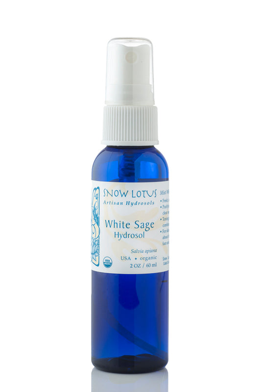 Snow Lotus organic White Sage Hydrosol (White Sage Water) in a blue spray bottle