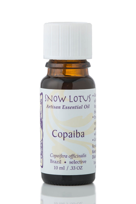 Snow Lotus Copaiba Essential Oil in an amber glass bottle, 10 ml