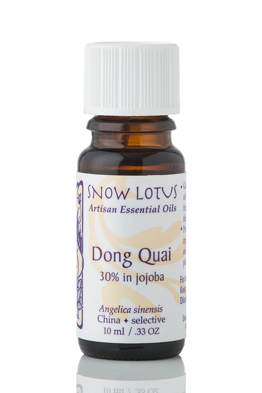 Snow Lotus Dong Quai Essential Oil 30% in Jojoba in an amber glass bottle